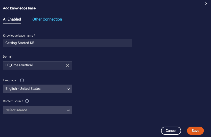 Adding a knowledge base using the Add Knowledge Base window