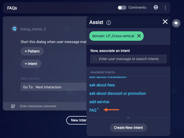 Using Assist to associate the FAQ meta intent with the dialog starter in the FAQs dialog