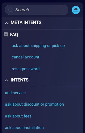 A view of Intent Manager that shows several intents nested under an FAQ meta intent