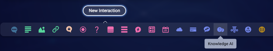 The menu of interactions that is displayed when you click New Interaction, with a callout to the Knowledge AI interaction