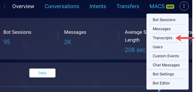 Accessing the Transcripts view in Bot Analytics