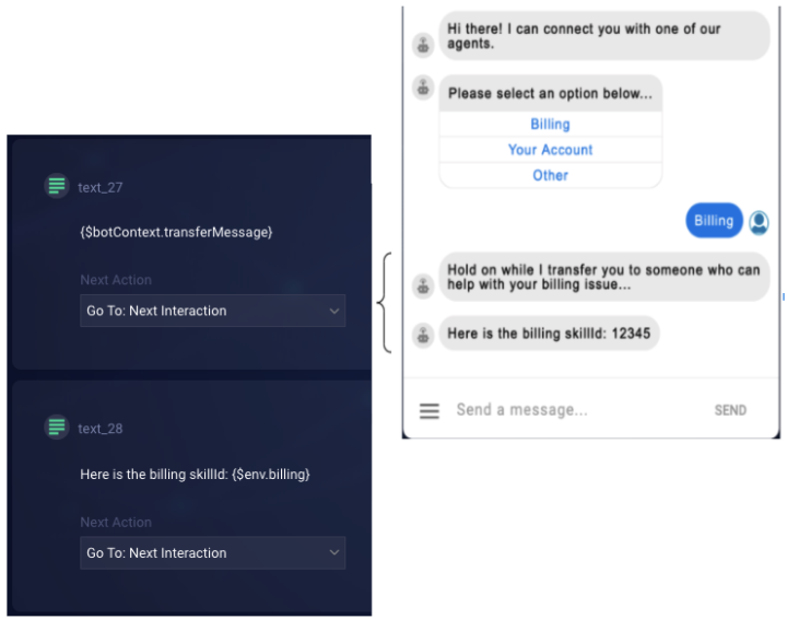 An example of using an environment variable in a Text statement, and a view of how it renders to the consumer