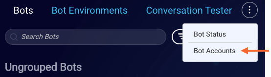 The Bot Accounts menu option in Conversation Builder's top menu bar