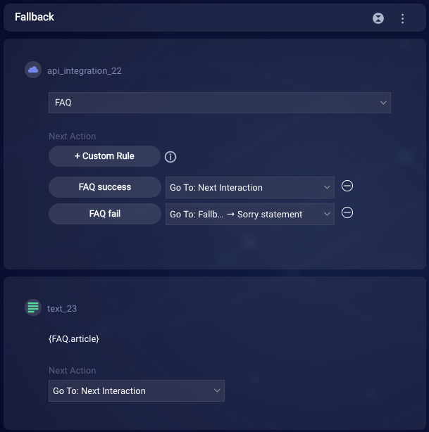 The top of the dialog flow, which begins with an FAQ integration that has two rules for FAQ success and fail