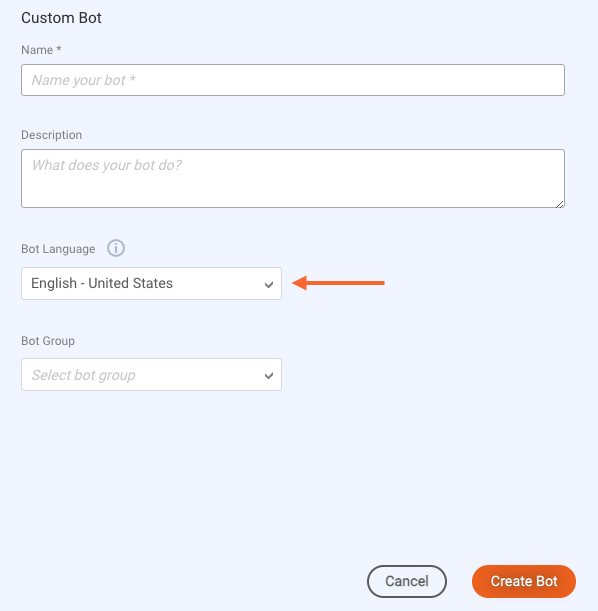 The Custom Bot window for creating a custom bot, with a callout to the Bot Language setting in specific