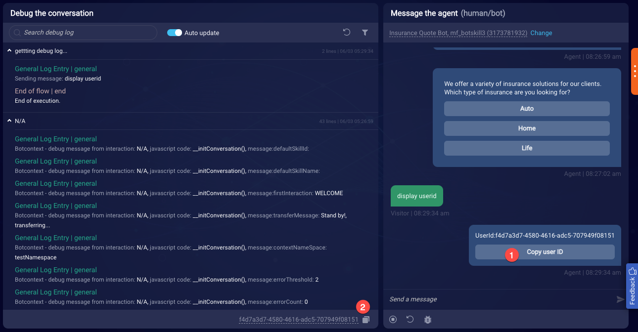 The Copy user ID button in the messaging panel and the Copy user ID icon at the bottom of the debugging panel