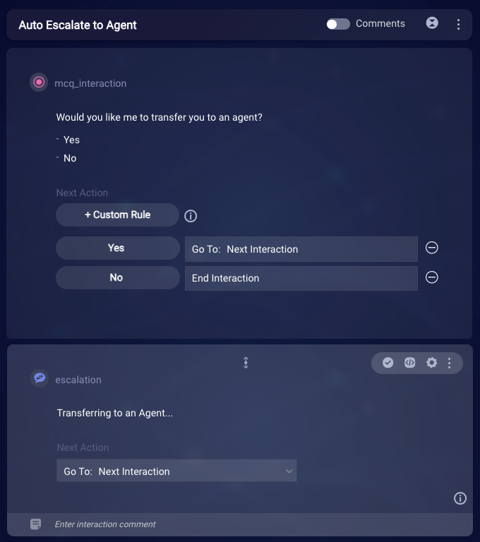 The default configuration of the Auto Escalation dialog in a messaging bot