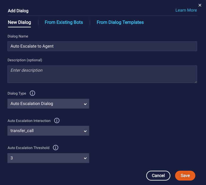 The New Dialog form for adding an Auto Escalation dialog to a voice bot