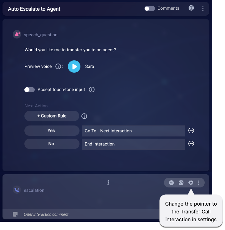 The default configuration of the Auto Escalation dialog in a voice bot