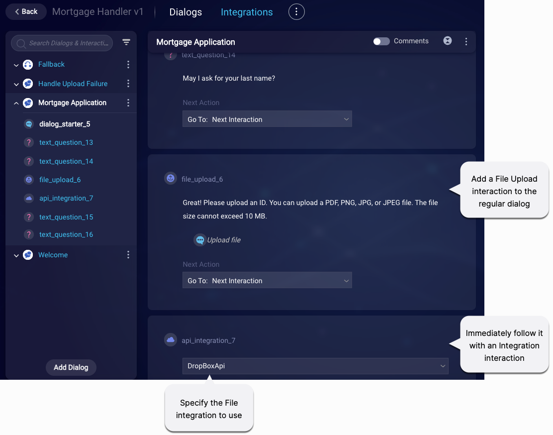 An example business dialog that includes all three listed components.