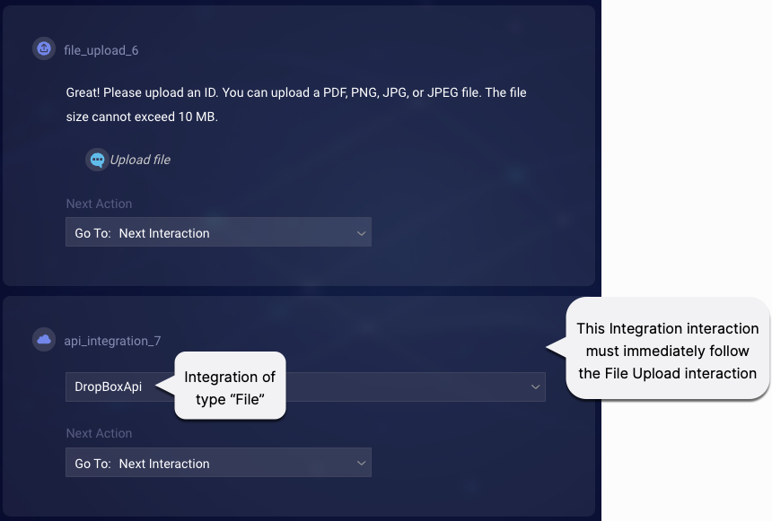 An example Integration interaction that immediately follows a File Upload interaction and that specifies a File integration to invoke.