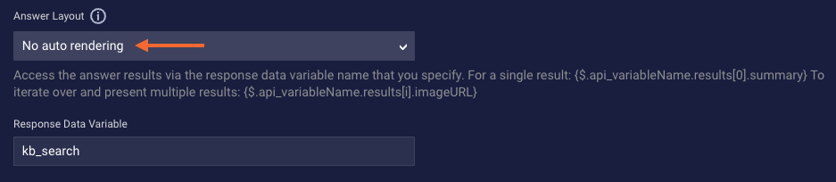 The Answer layout setting in the Advanced settings of the KnowledgeAI interaction, where the Answer layout setting is set to No auto rendering