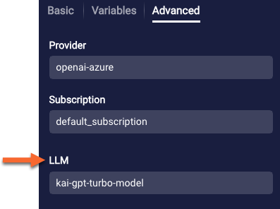 The LLM setting on the Advanced tab in a prompt