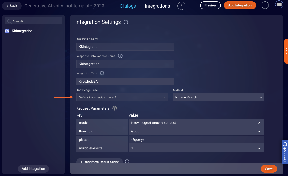 The default configuration of the knowledgeai integration