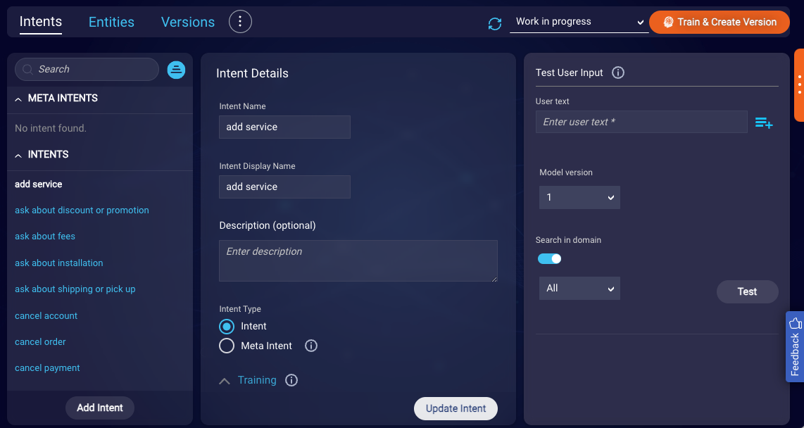 The Intent Details page for one of the intents in the Cross-vertical domain