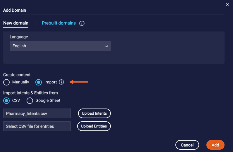 The Add Domain window, with a callout to the option for selecting to import content
