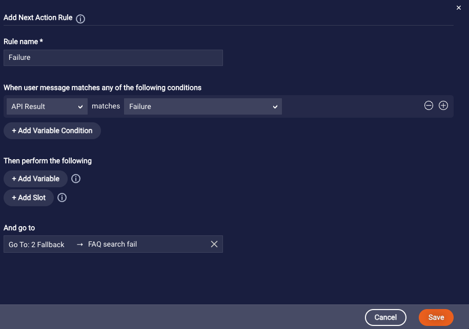 Adding a rule that directs the flow to the FAQ Search Fail interaction if the API result is Failure