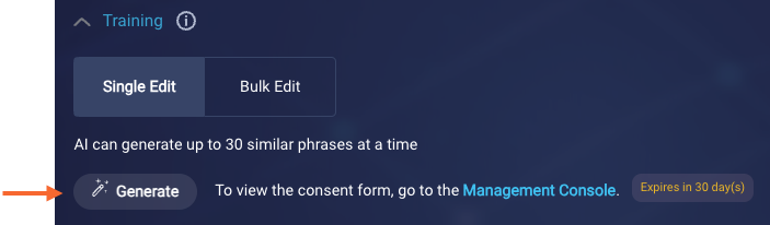 The Generate button for using Generative AI to generate training phrases