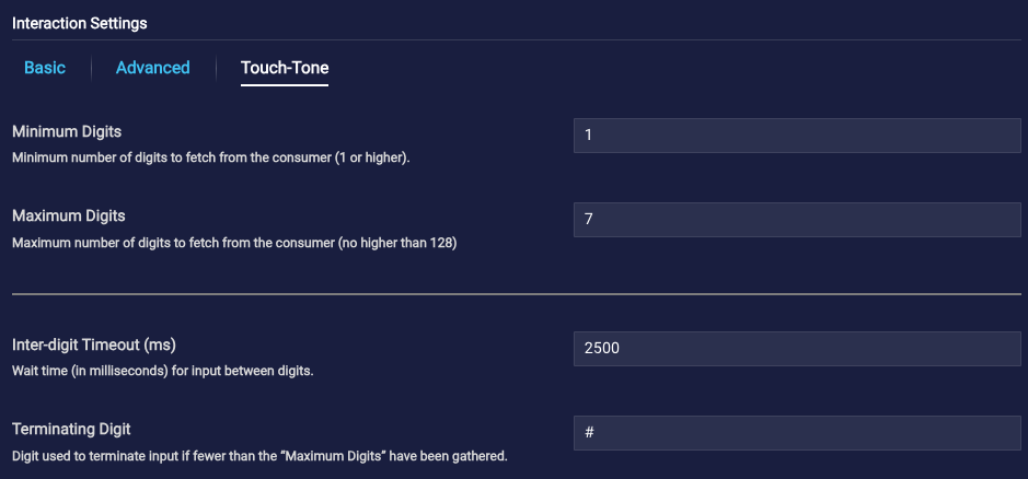 The touch tone settings in the interaction, configured