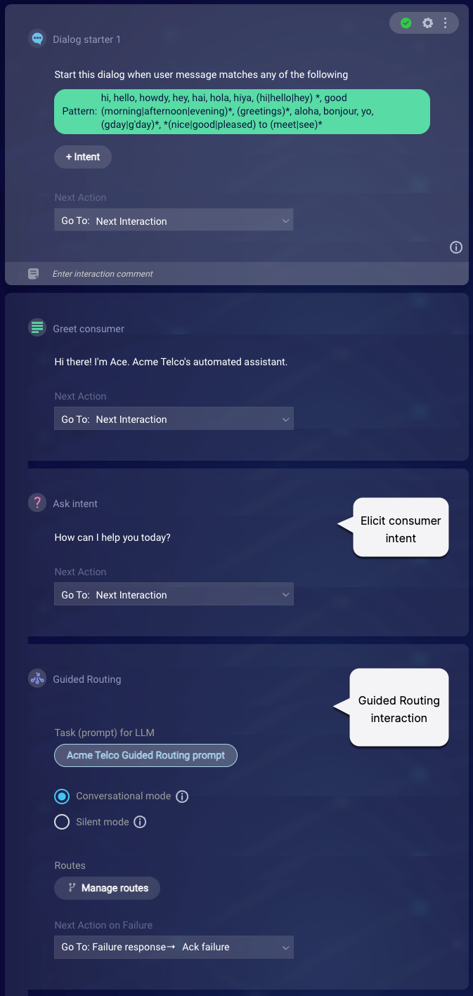 A dialog flow with a Welcome dialog that's triggered by a pattern match to forms of hello, following by a question eliciting the consumer's intent, followed by a Guided Routing interaction