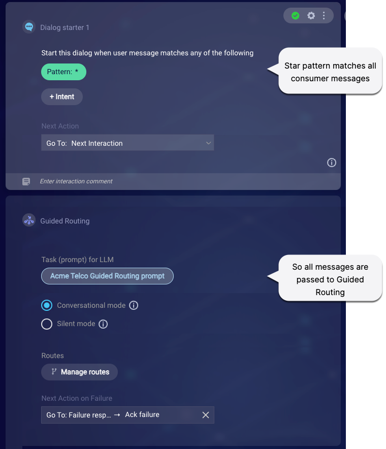 A dialog flow with a Welcome dialog that's triggered by a wildcard pattern match, followed by a Guided Routing interaction