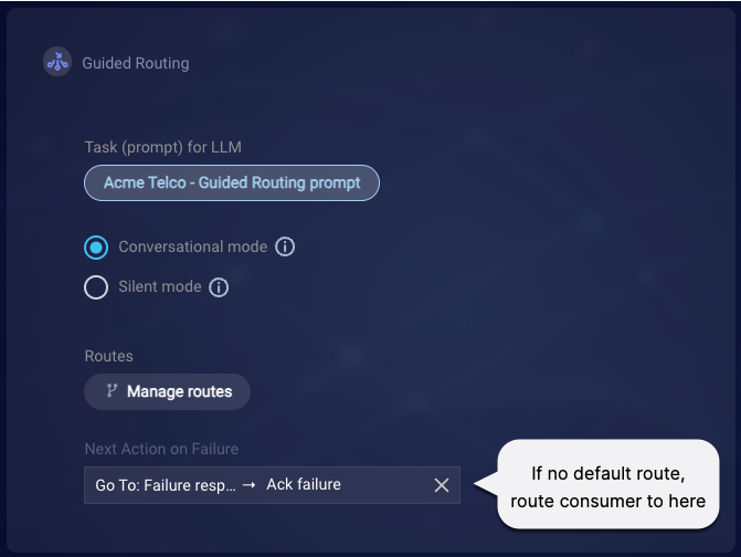 A callout to the Next Action on Failure setting in the Guided Routing interaction