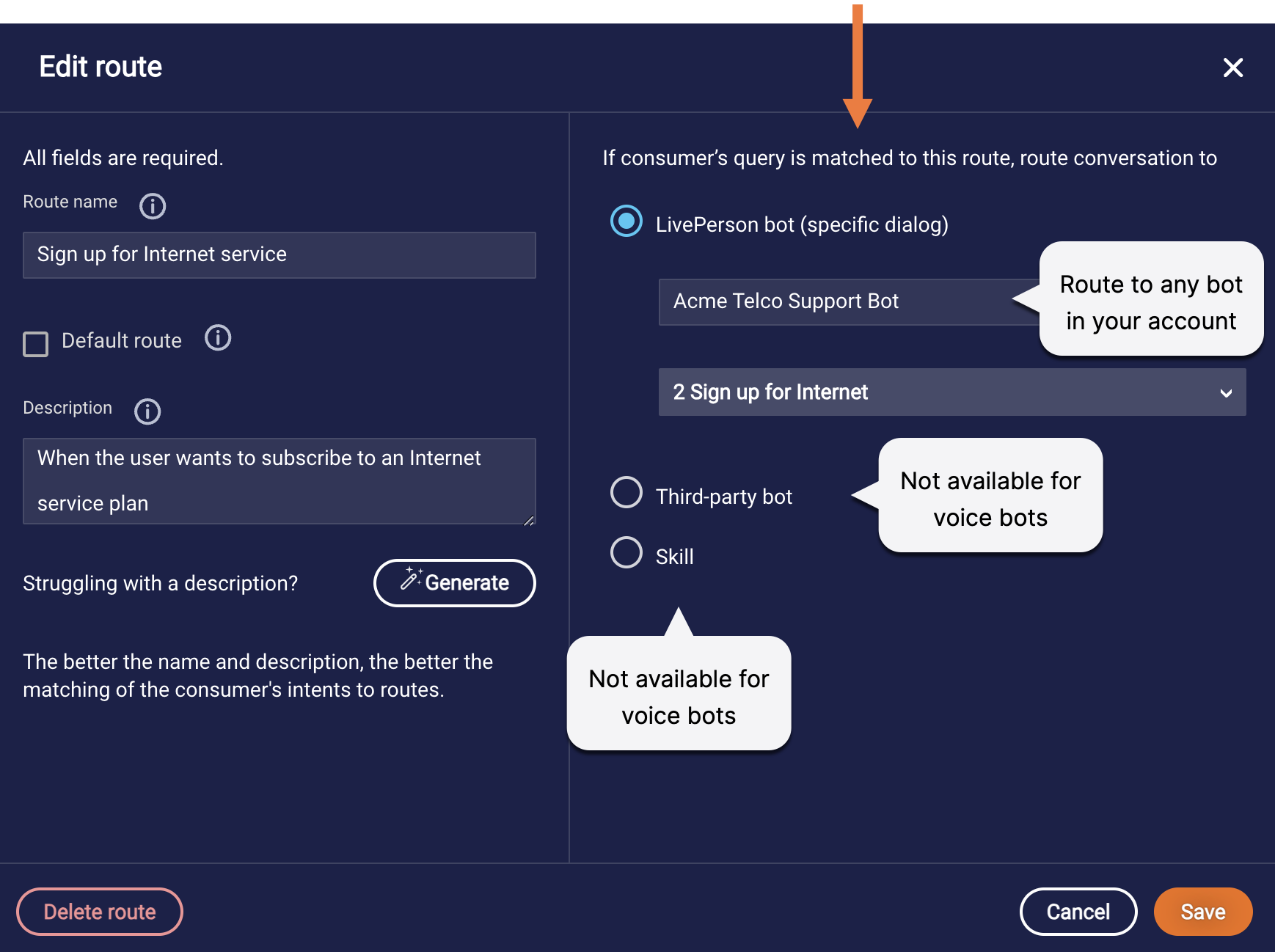 The Edit Route dialog, with a callout to the fields for specifying the route's destination