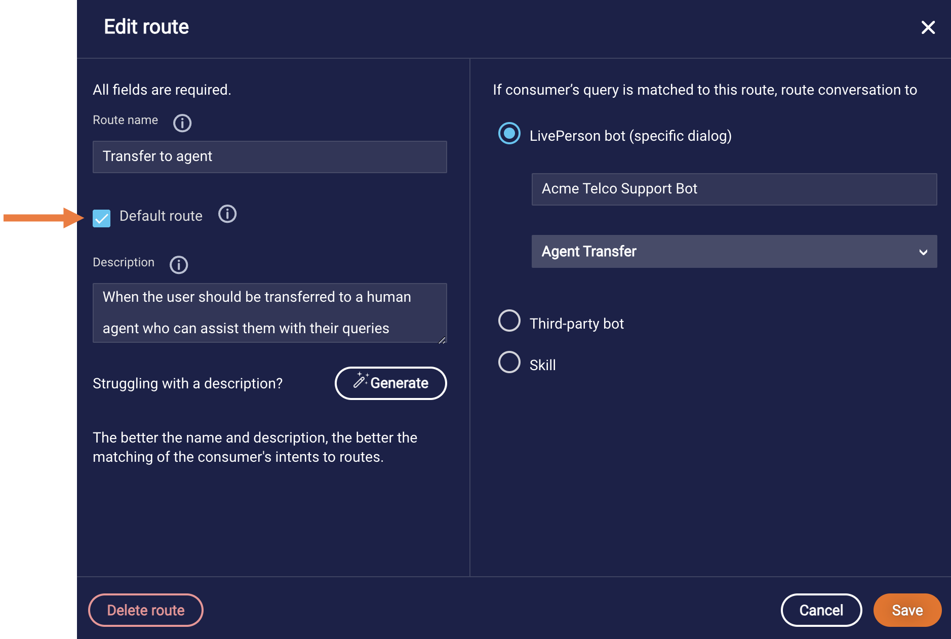 The Edit Route dialog, with a callout to the checkbox for classifying the route as the default route