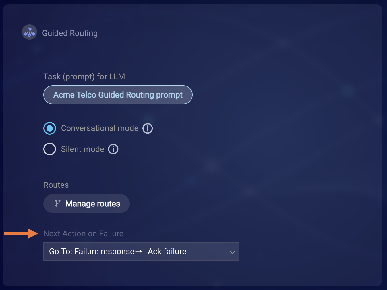 The Next Action on Failure setting that's on the face of the Guided Routing interaction