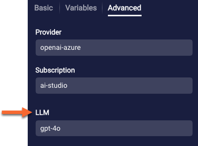 The LLM setting on the Advanced tab in a prompt