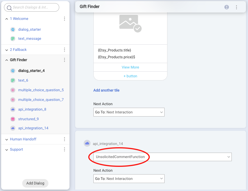 Adding the Integration interaction and selecting the function's integration from the dropdown