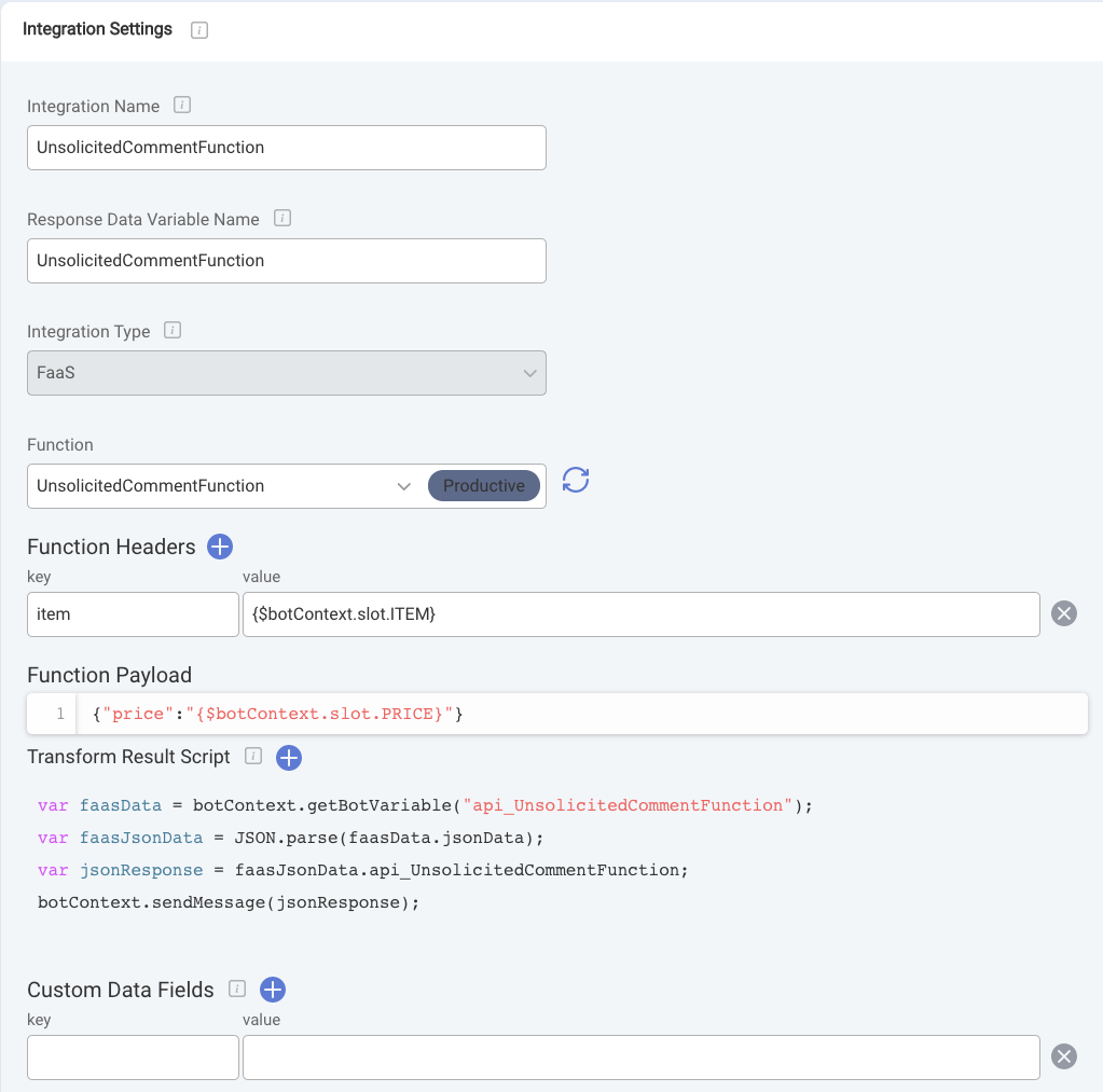 The configuration of the integration in the Integration Settings