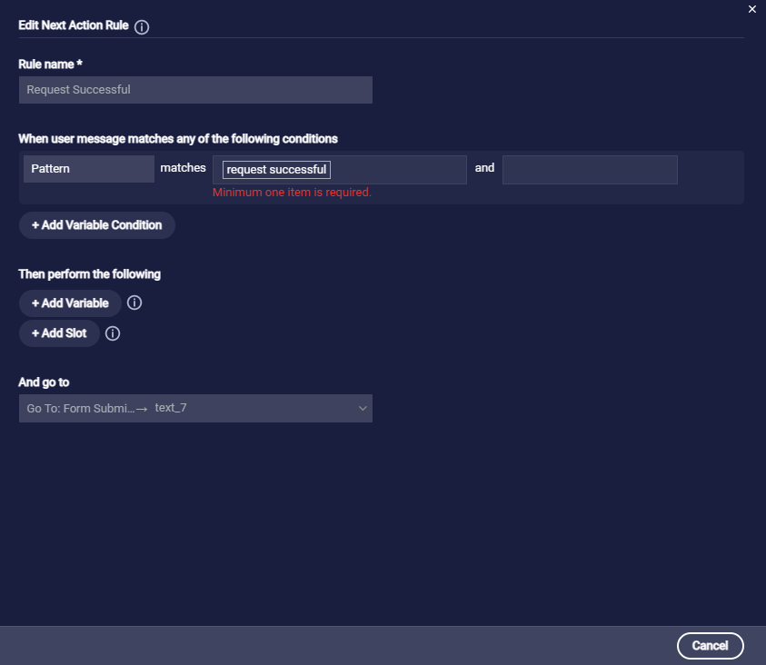 The configuration of the custom rule, which pattern matches request successful