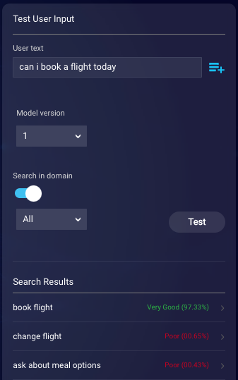 Matched intent results for an example utterance