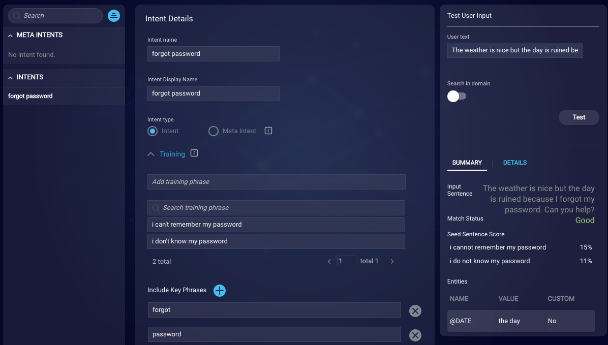 Example utterance with Key Phrase Matching enabled