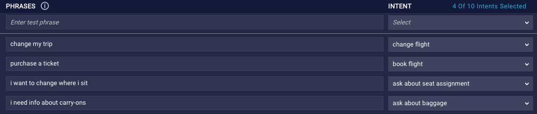 A list of phrases and their expected intent matches