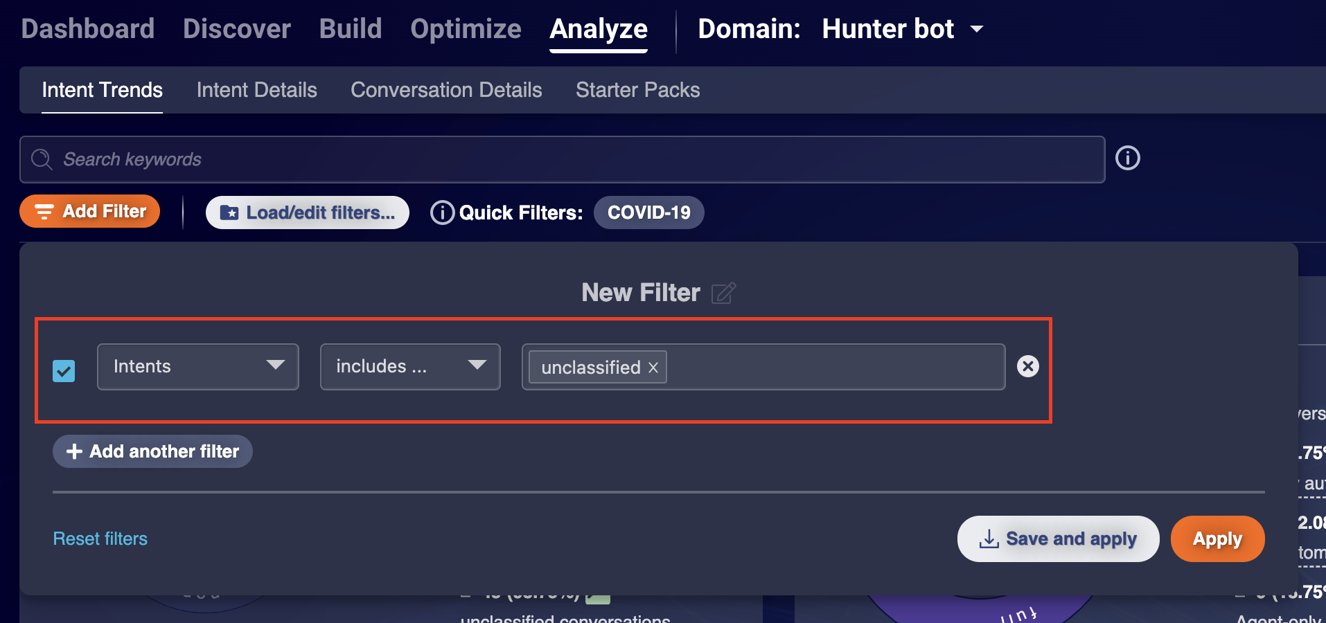 An example of defining a filter where intents includes unclassified