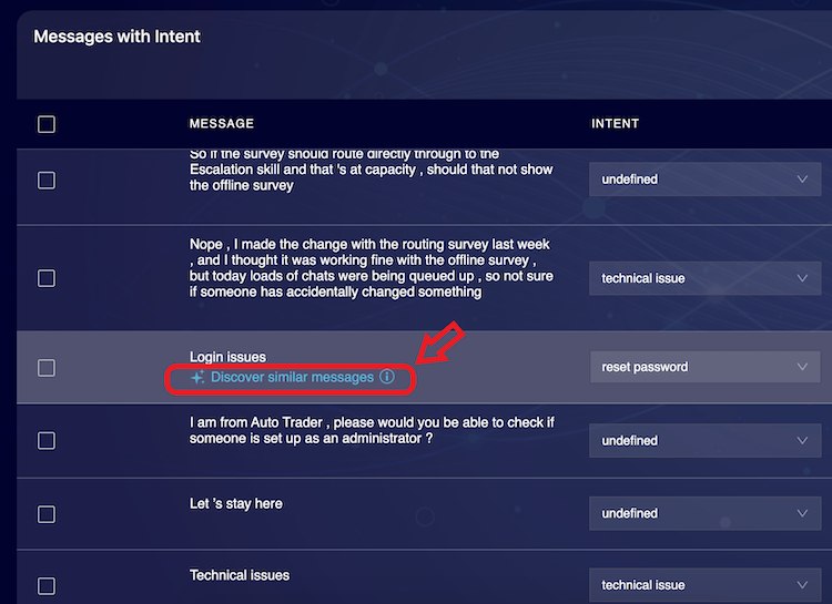 Discover similar messages link for an example message under Messages with Intent