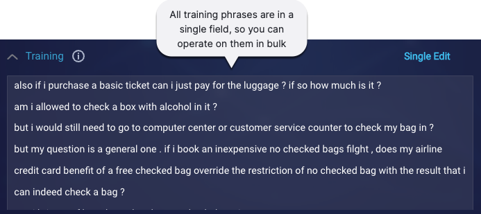 Example of all training phrases in a single field