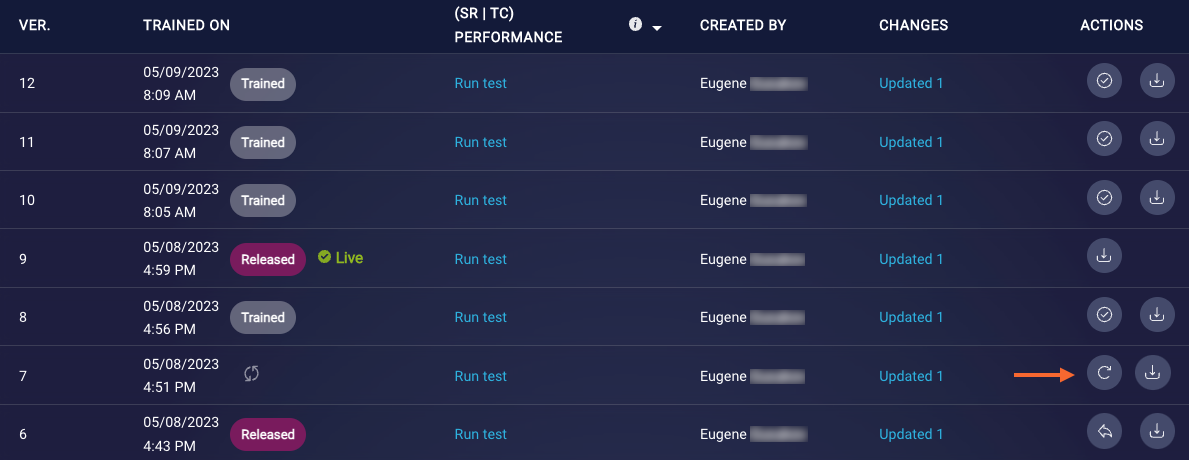 The Actions column in the table of versions, with a callout to the retrain button