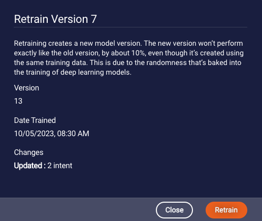 The Retrain version pop-up window where you confirm the action
