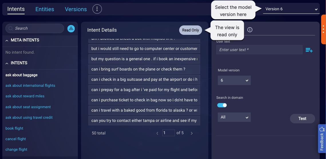 The Intents page that has a selector in the upper-right corner for selecting the version whose intents and entities you want to view