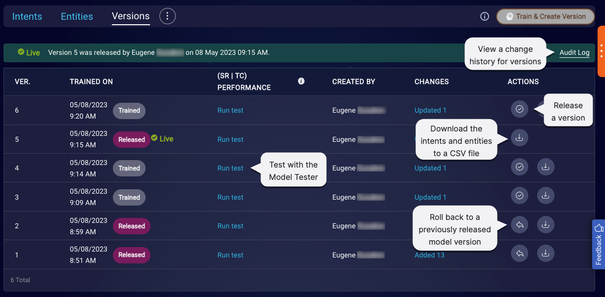 The Versions page with callouts to the key features of releasing versions, rolling back to versions, downloading versions, and viewing the audit log