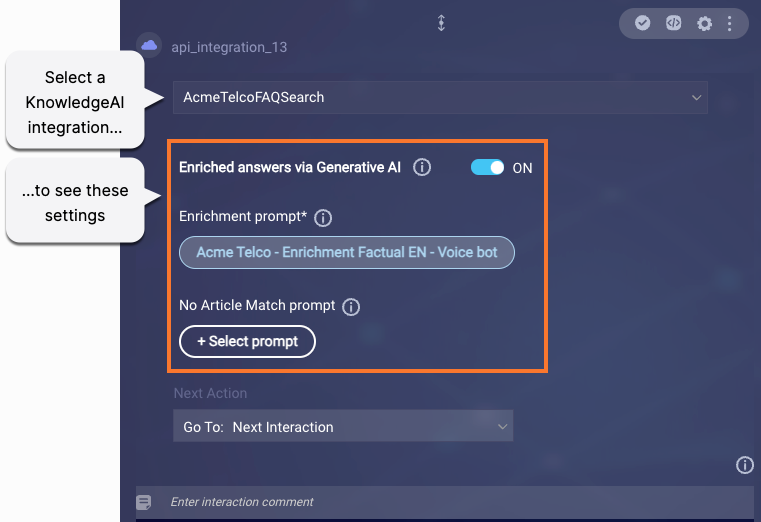 Selecting the integration for the Integration interaction