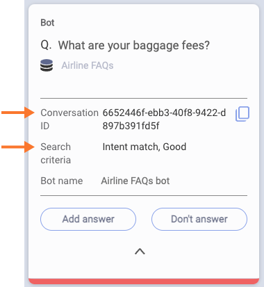 The Conversation ID and Search criteria fields on a consumer query card