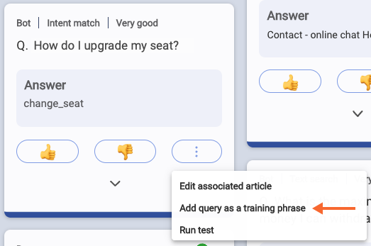 Using the Consumer Queries view to add the consumer query as a  training phrase to the associated intent