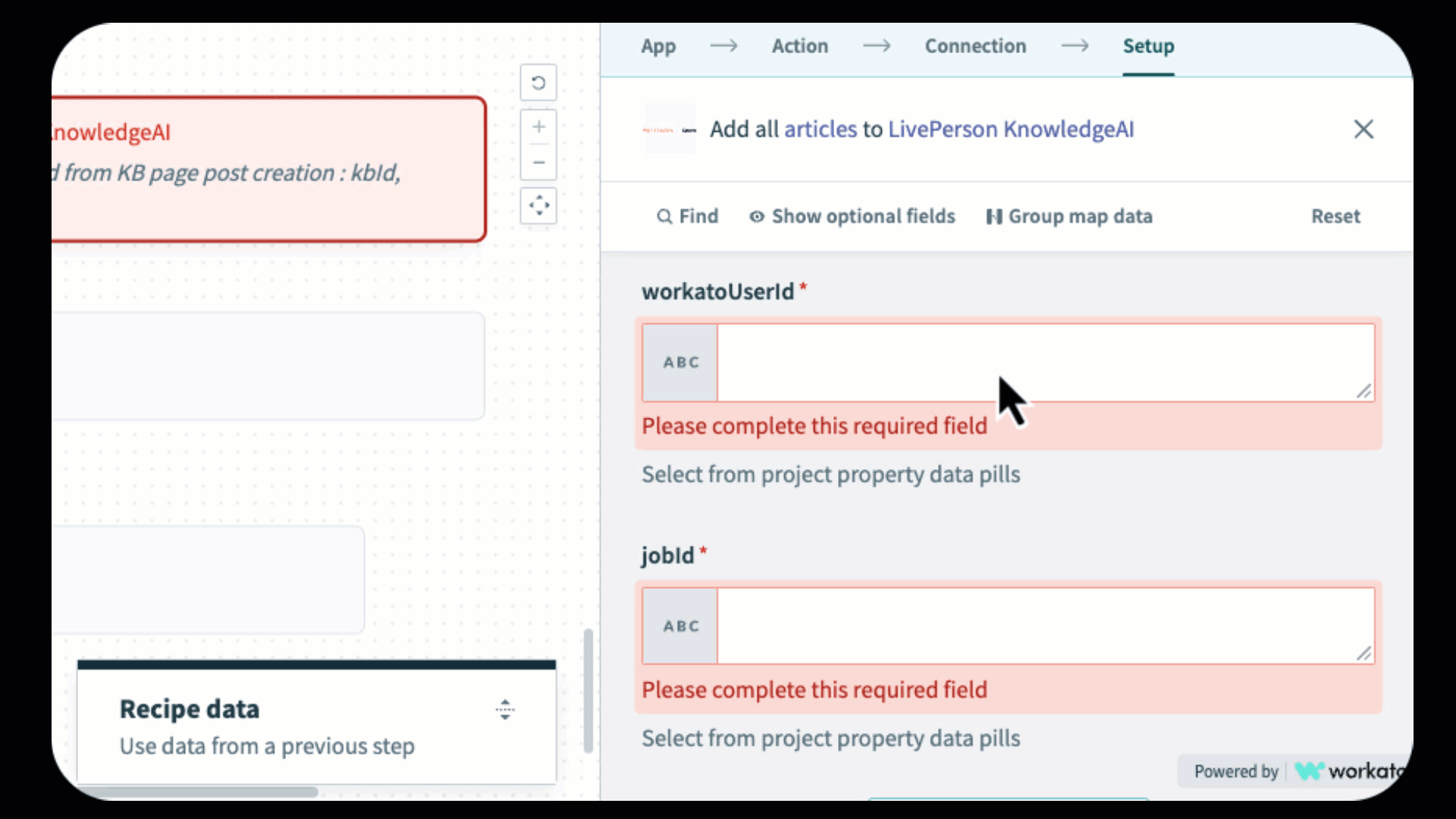 A short animation that shows the user clicking the field, scrolling to the top of the Recipe Data window that opens, expanding Properties, and selecting the user ID