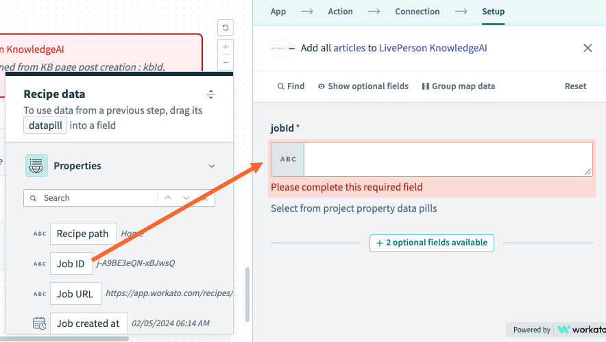 A view of the Job ID field in the Properties in the Recipe Data