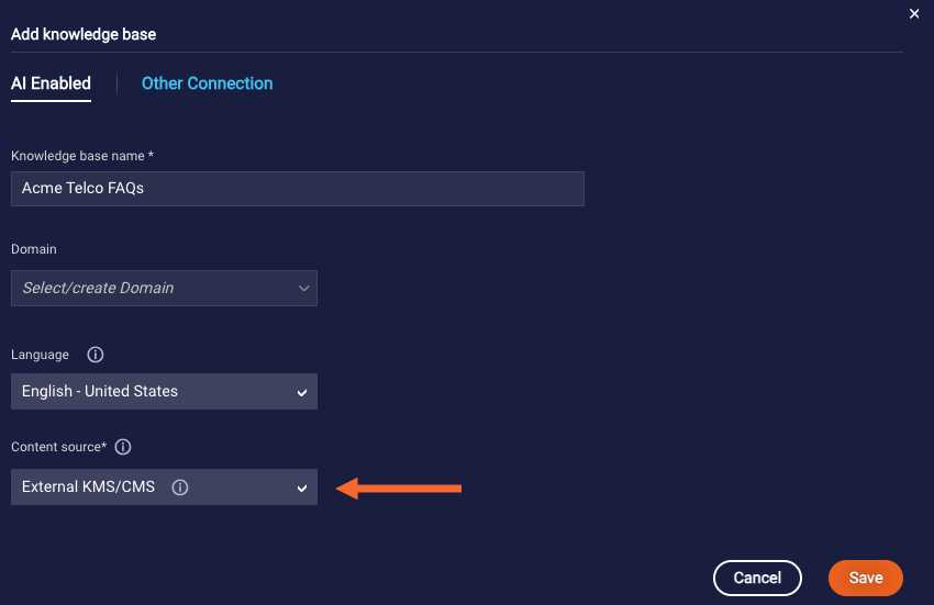 The Add Knowledge Base form, with a callout to the Content Source setting