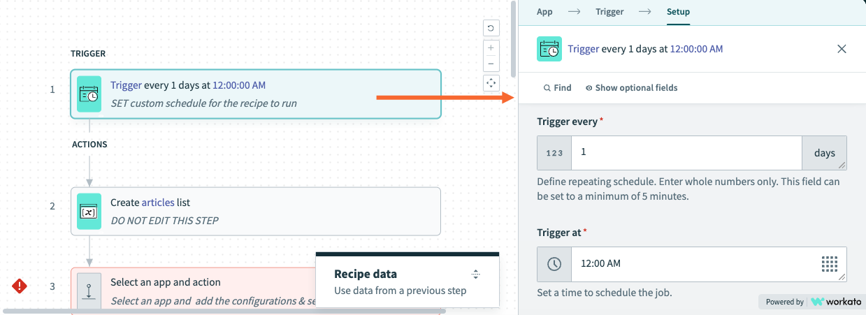 Specifying the trigger for running the recipe